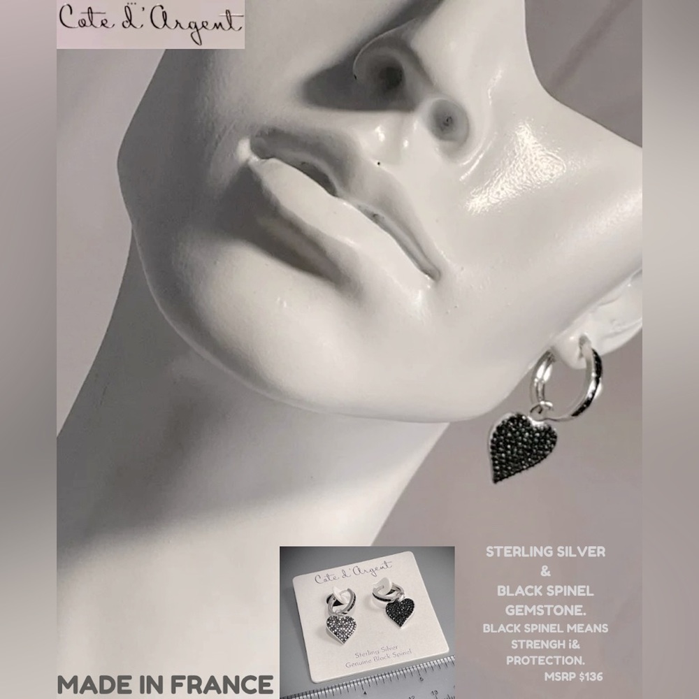 NWT COTE d’ ARGENT STERLING SILVER & BLACK SPINEL HEART HOOP EARRINGS! AMAZING! - Picture 2 of 6